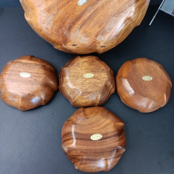 Vintage Monkey Pod Philippines Wood Salad Bowl Set ~ 5 Piece Flower Shaped - Picture 10 of 13